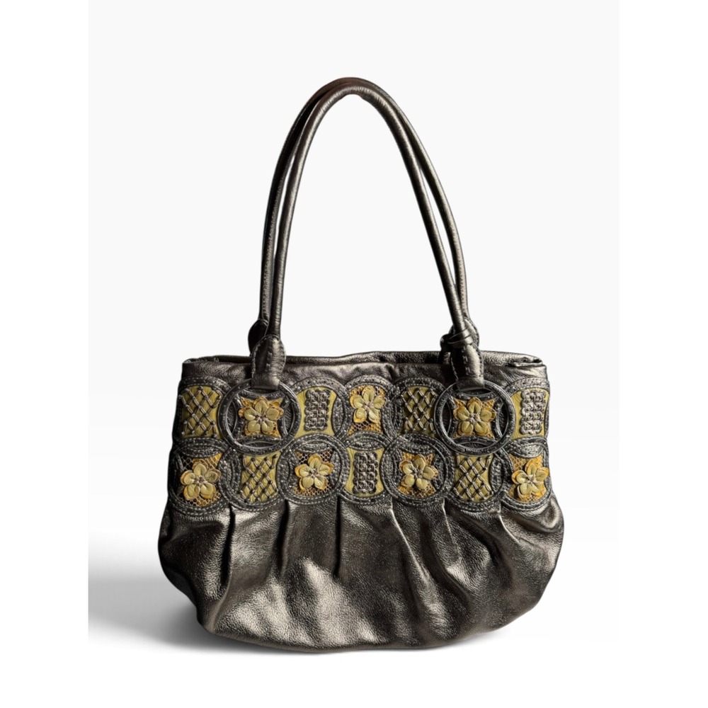 Brighton Nala Metallic Pewter Leather Floral Shoulder Bag U128769